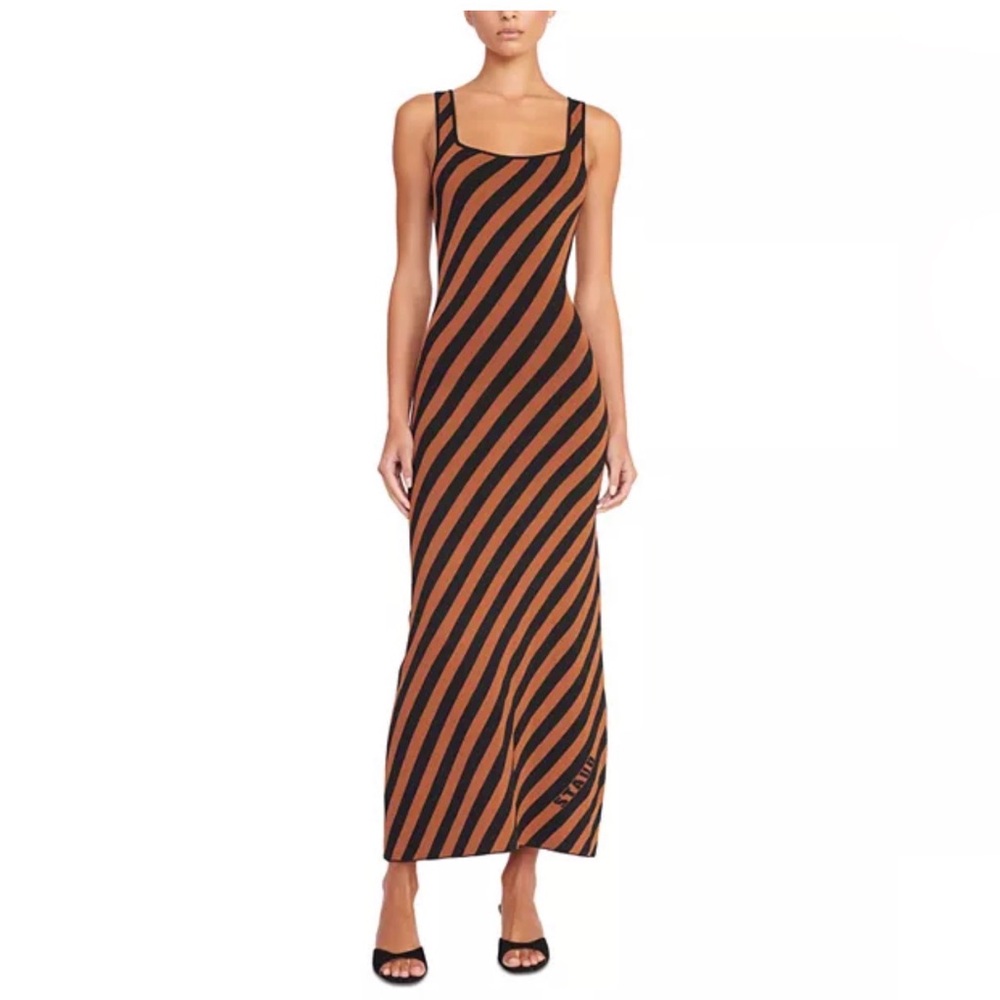 STAUD Katie Striped Midi Dress Black Brown Diagonal Stripe Knit Dress Size S